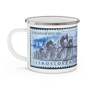 Cyclist, Bicycle 1957 Vintage Postage Stamp Enamel Camping Mug